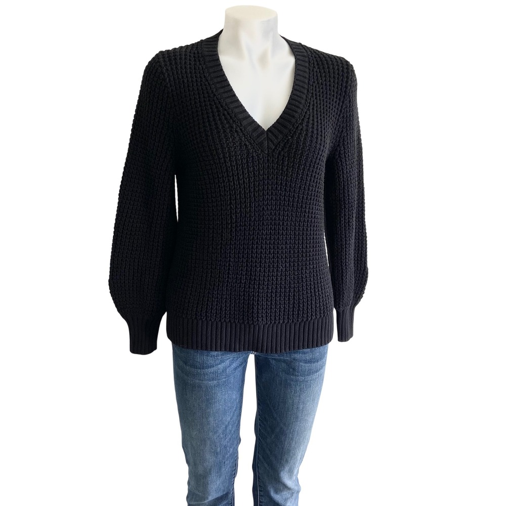 J.Crew Womens Black 100% Cotton Shaker Stitch V-Neck Puff Sleeve Sweater Size M